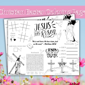 May include: Black and white printable coloring page with a Christian Easter theme. The page features a word search, word scramble, and a picture of Jesus carrying the cross. The text on the page includes "Jesus Has Risen", "He is not here: He has risen, just as He said. - Matthew 28:6", and "Jesus is my way".