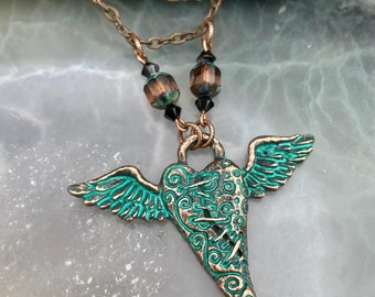 Love Gives Wings Natural Brass and Antique Copper Plated 25.5&quot; Necklace Gift | Hand Enamel Painted | REF 1109