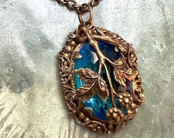 Azure Blue Czech Glass Hand Wrapped Natural Brass Necklace | Vintage Tooled Natural Brass 19&quot; Length Necklace | REF 1123