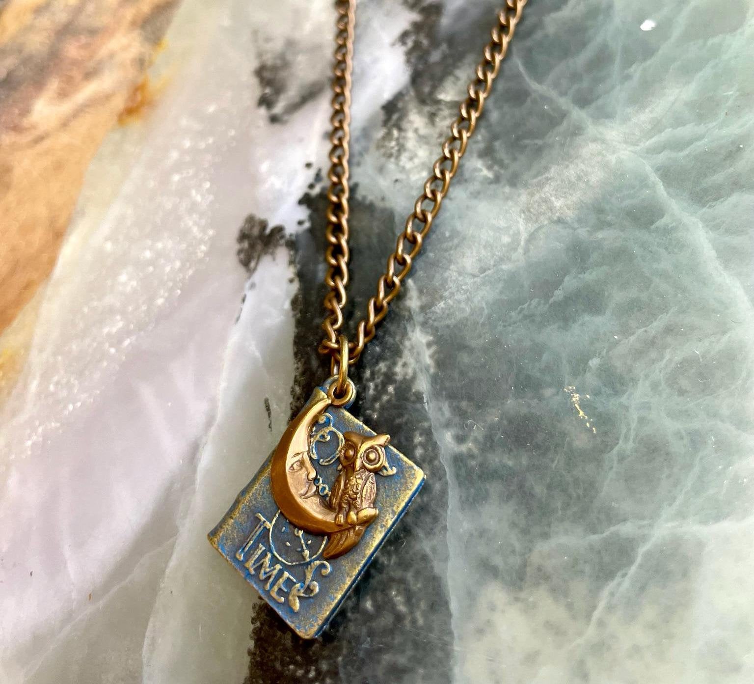Owl & Moon Book Necklace | 1920s Brass Stamping, 18" Chain