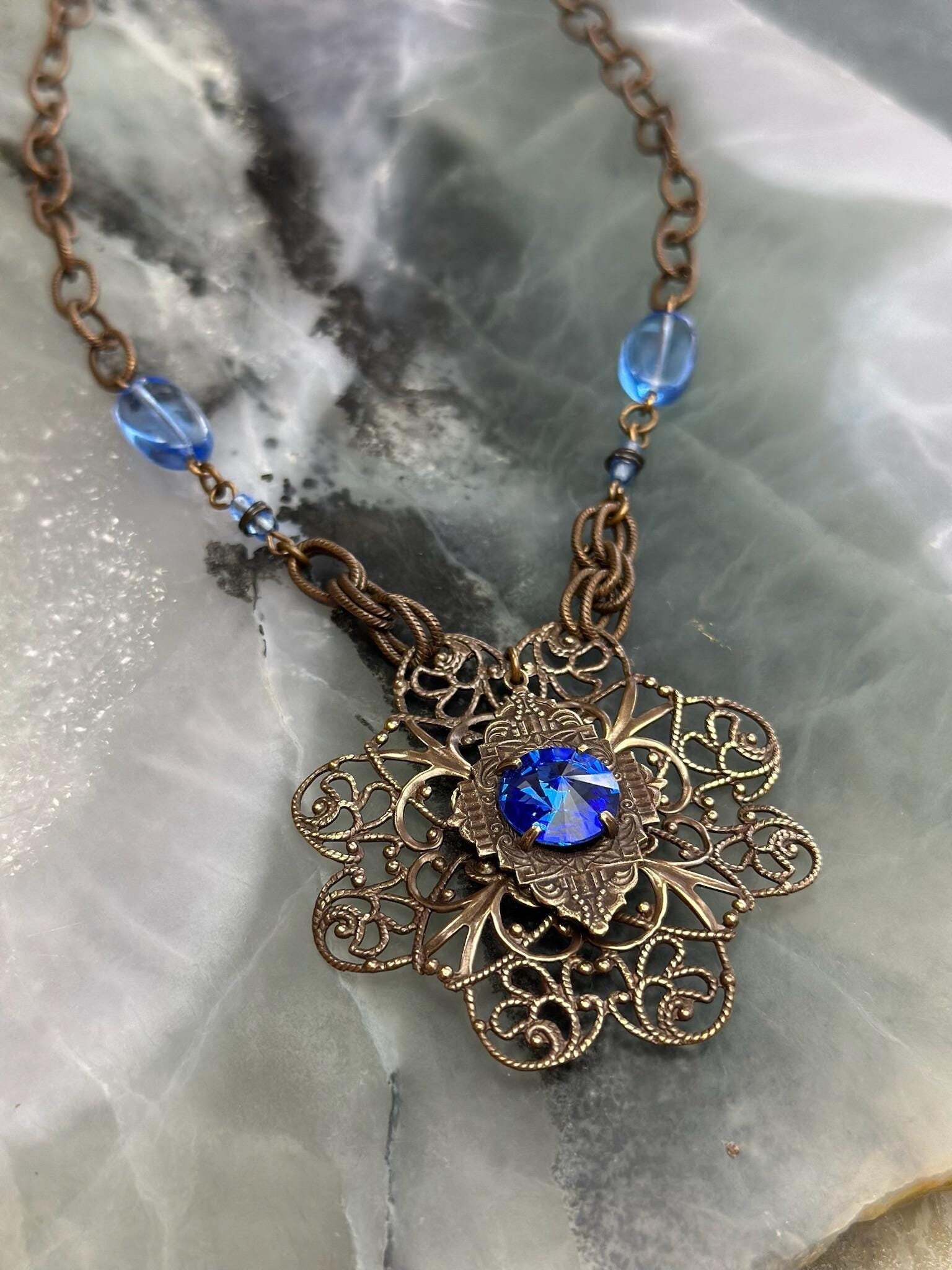 Filigree and Cobalt Swarovski Amulet Necklace Vintage Tooled Natural Brass 19" Necklace Gift REF 1073