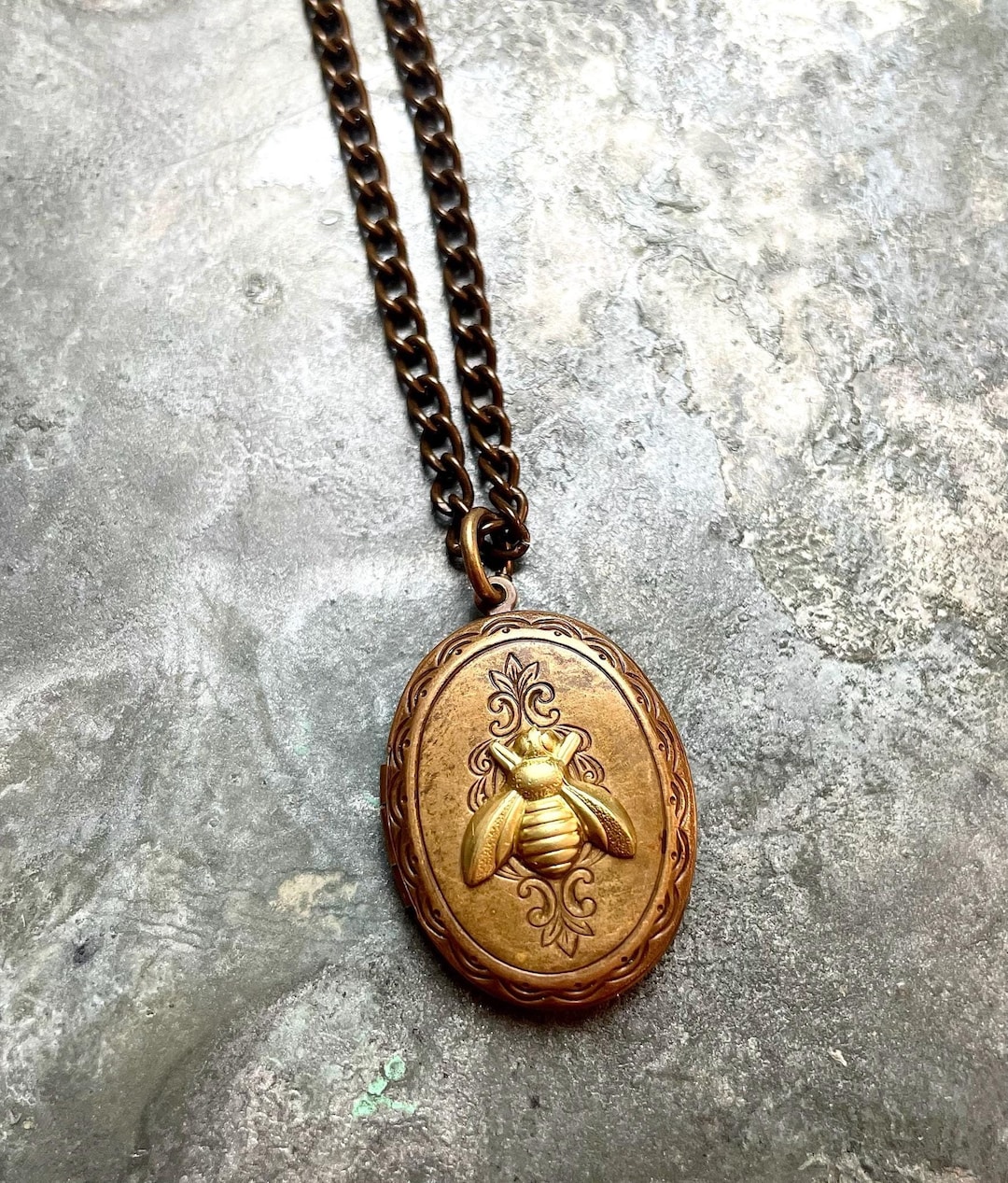Vintage Tooled Bee Emblem Locket Natural Brass 18