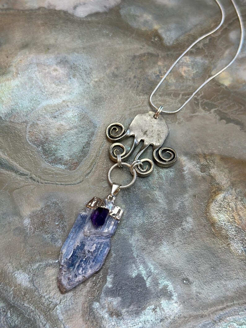Cast Vintage Fork Blue Selenite Amethyst Necklace Sterling Silver