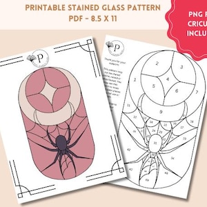 May include: Printable stained glass pattern of a spider web with a spider in the center. The pattern is numbered for easy coloring. The pattern is 8.5 inches by 11 inches and includes a PNG file for Cricut.