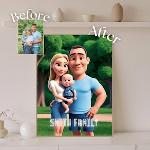 Personalisiertes Familienporträt im Cartoon, Porträtillustration, Familiengeschenk, Porträt von einem Foto, digitale KI-Datei