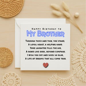 Carte d'anniversaire frère, poème coeur fidèle, souvenir de la complicité d'un frère, carte à mon frère, anniversaire sentimental, cadeau frère unique, 244