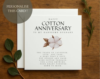 Cotton Anniversary Card, Personalized 2nd Anniversary Card, Wedding Anniversary gift,  Second Anniversary Love Card for wife or husband, 324