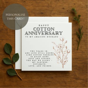 Cotton Anniversary Card, Personalized 2nd Anniversary Card, Wedding Anniversary gift,  Second Anniversary Love Card for wife or husband, 226
