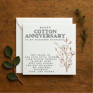 Carte d'anniversaire de mariage en coton, carte de 2e anniversaire personnalisée, cadeau d'anniversaire de mariage, carte d'amour de deuxième anniversaire pour femme ou mari, 226