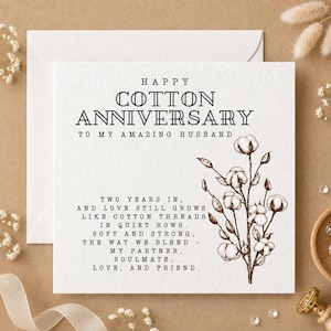 Cotton Anniversary Card, Personalized 2nd Anniversary Card, Wedding Anniversary gift,  Second Anniversary Love Card for wife or husband, 226