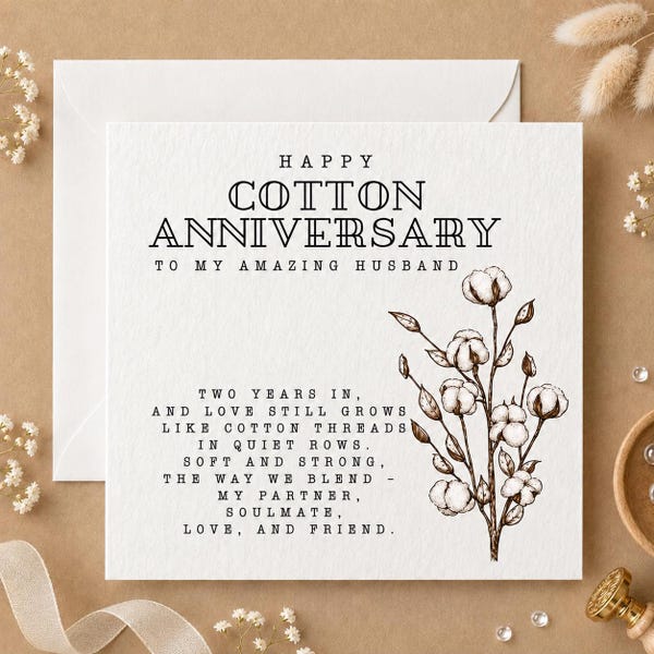 Cotton Anniversary Card, Personalized 2nd Anniversary Card, Wedding Anniversary gift,  Second Anniversary Love Card for wife or husband, 226