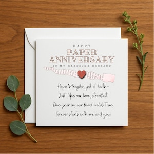 Carte d'anniversaire en papier joyeux, 1er anniversaire de mariage, poème romantique pour mari, carte d'anniversaire personnalisée pour femme / mari, 301