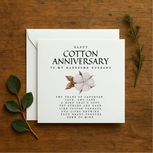 Cotton Anniversary Card, Personalized 2nd Anniversary Card, Wedding Anniversary gift,  Second Anniversary Love Card for wife or husband, 324