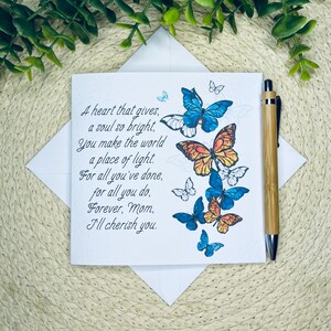 Carte papillon pour la fête des mères, poème sincère pour maman, carte de remerciement pour maman, carte pour maman sentimentale, carte faite main, carte de luxe élégante, 085