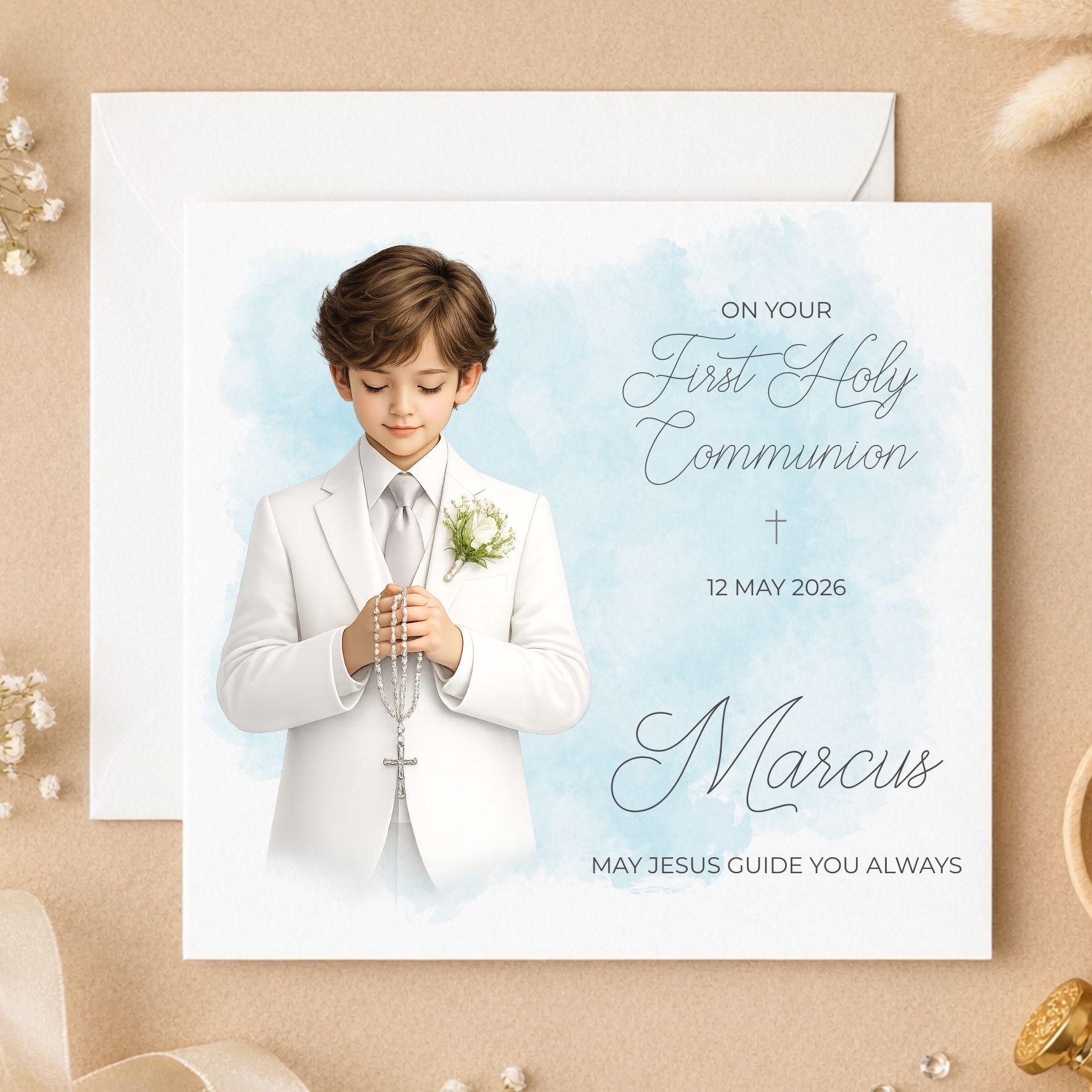 Personalised First Holy Communion Card for Boy, Custom Name Religious ...