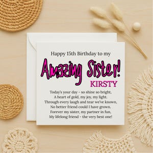Incroyable carte d'anniversaire de soeur, carte de voeux personnalisée, carte d'anniversaire d'adolescente, carte d'anniversaire de soeur personnalisée, carte de 15e anniversaire, 297