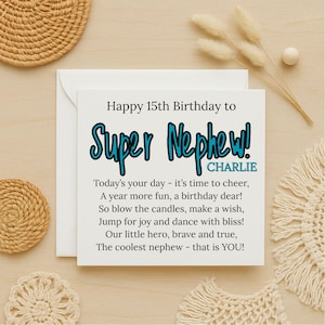 carte d'anniversaire super neveu, carte de voeux personnalisée, carte d'anniversaire adolescent, carte d'anniversaire neveu personnalisée, carte 15e anniversaire, 296