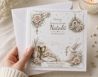 Kartka Komunijna Po polsku, Kartka Na Komunie,Personalised First Holy Communion Card for Girl, Custom Name Religious Keepsake,  670