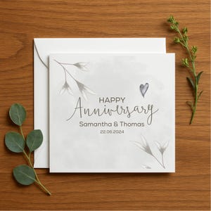 Carte d'anniversaire personnalisée, date et noms personnalisés, cadeau pour couple romantique, carte de voeux d'anniversaire moderne, anniversaire de mariage fait main 308