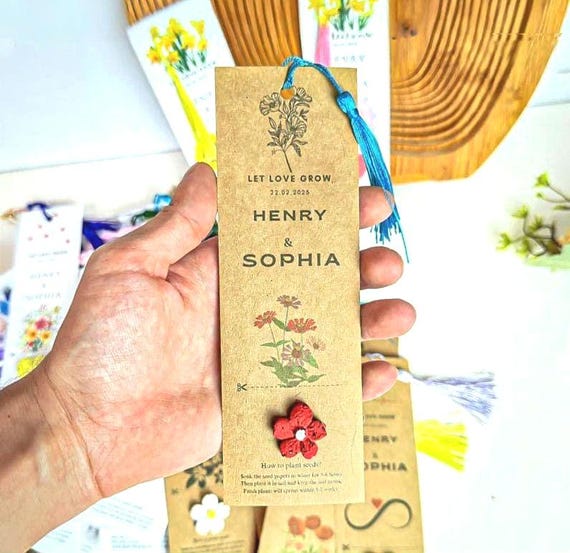 Personalized Plantable Seed Paper Bookmark: Wildflower Wedding Favor, Custom Place Cards, Graduation