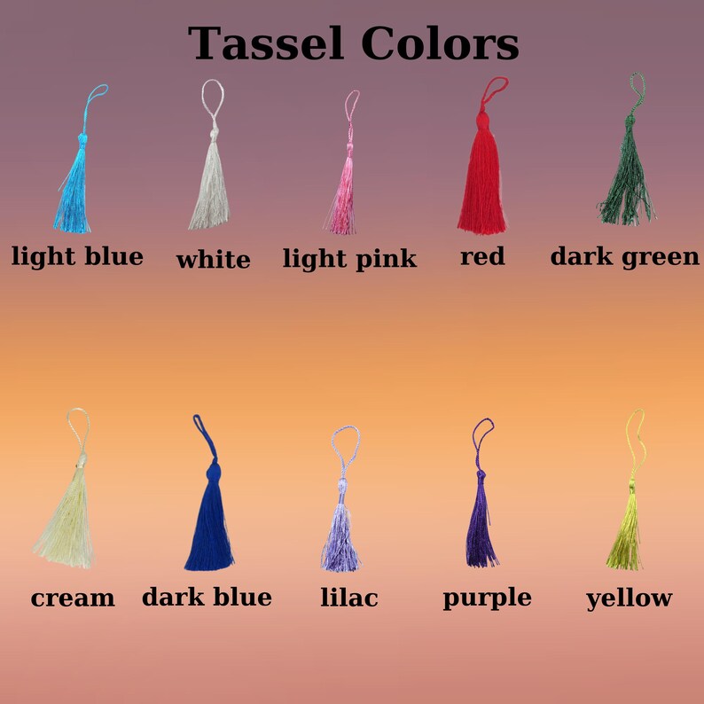 A collection of tassels in various colors. The tassels include light blue, white, light pink, red, dark green, cream, dark blue, lilac, purple, and yellow. Each tassel is displayed with its corresponding color name.