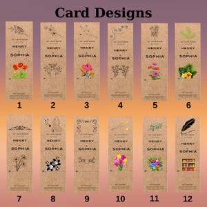 Twelve bookmark designs with a kraft paper appearance. Each bookmark features the words 'Let Love Grow' and the names 'Henry & Sophia'. The designs include various floral and botanical illustrations, such as red poppies, wildflowers, pink flowers, and a butterfly. Other designs include a feather and a stack of books.