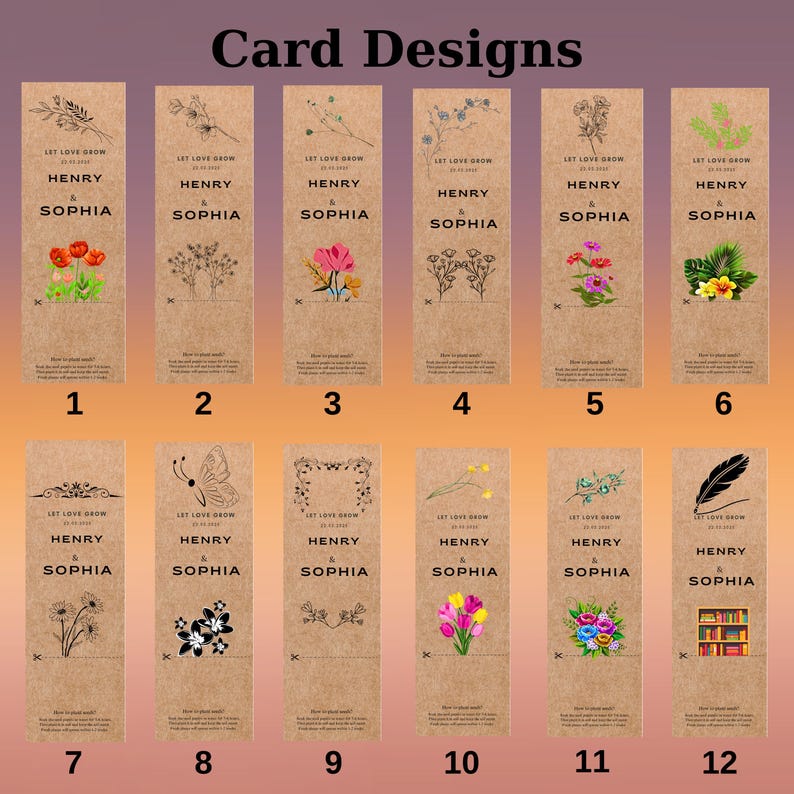 Twelve bookmark designs with a kraft paper appearance. Each bookmark features the words 'Let Love Grow' and the names 'Henry & Sophia'. The designs include various floral and botanical illustrations, such as red poppies, wildflowers, pink flowers, and a butterfly. Other designs include a feather and a stack of books.