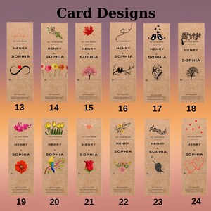 A collection of card designs with a kraft paper background. Each card features the names 'Henry & Sophia' and the phrase 'Let Love Grow.' Designs include an infinity symbol, flowers, a maple leaf, a tree, birds, hearts, and musical notes, each with a unique illustration.