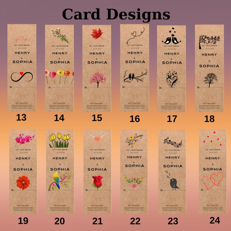A collection of card designs with a kraft paper background. Each card features the names 'Henry & Sophia' and the phrase 'Let Love Grow.' Designs include an infinity symbol, flowers, a maple leaf, a tree, birds, hearts, and musical notes, each with a unique illustration.