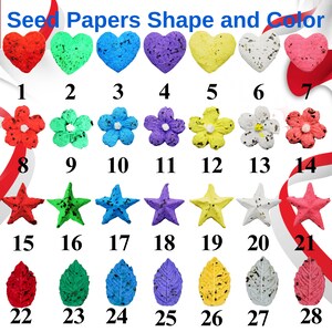Seed paper shapes and colors are displayed in rows. The shapes include hearts in red, green, blue, purple, and yellow; flowers in red, green, blue, purple, and yellow; stars in red, green, blue, purple, and yellow; and leaves in red, green, blue, purple, and yellow. Each shape has a corresponding number from 1 to 28.