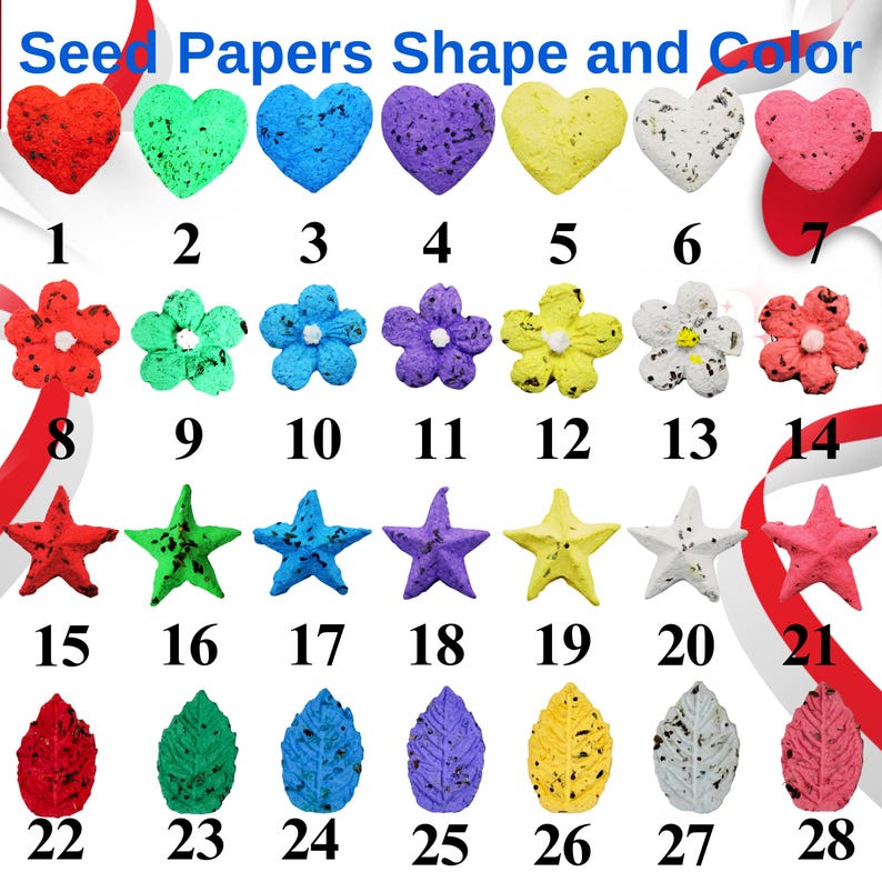 Seed paper shapes and colors are displayed in rows. The shapes include hearts in red, green, blue, purple, and yellow; flowers in red, green, blue, purple, and yellow; stars in red, green, blue, purple, and yellow; and leaves in red, green, blue, purple, and yellow. Each shape has a corresponding number from 1 to 28.