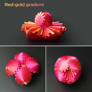 May include: A red and gold gradient sphere made of interlocking gears. The sphere is shown in three different positions, with the gears visible in each position.