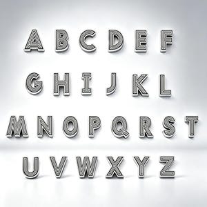 May include: A complete set of uppercase English alphabet letters from A to Z. Each letter is rendered in a three-dimensional style with a white face and black striped edges, creating a layered, dimensional appearance against a plain background.
