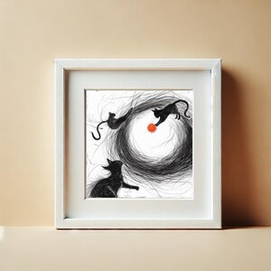 Puede incluir: Una ilustración en blanco y negro de tres gatos negros jugando con una bola de lana roja. Los gatos están dibujados en un estilo abstracto y en espiral.