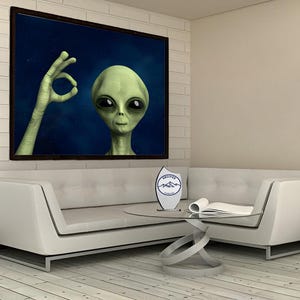 Alien Ok Sign Canvas, Alien Wall Hangings, Alien Decor, Alien Gift, Alien Wall Decor, Alien Wall Canvas, Green Alien Decor, Wall Art, Gift