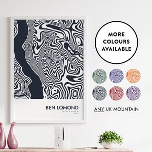 Ben Lomond-contourafdruk | Kies je kleuren | Aangepaste bergverzoeken welkom | Cadeau-idee voor woondecoratie | Kaartposter | Verenigd Koninkrijk | 53