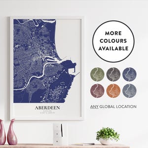 Impresión de mapa de Aberdeen / Ubicación personalizada / Personalizado / Opciones de color / Póster de mapa de arte de pared / Reino Unido / Escocia / Decoración del hogar / Detalle del mapa de la ciudad