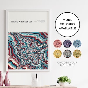Impression contour du mont Charleston | Montagne personnalisée | Couleurs vives | Impression d'art topographique | affiche de carte | Névada | Montagnes printanières