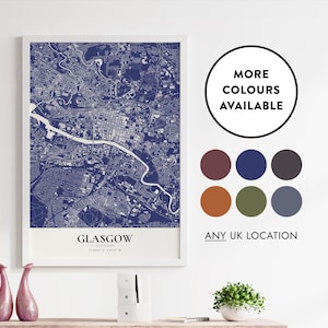 Impresión del mapa de Glasgow / Opciones de color / Se aceptan solicitudes de ciudades o pueblos personalizados / Solo para el Reino Unido / Póster de mapa / Escocia / Idea de regalo para decoración del hogar / 23