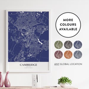 Impresión de mapa de Cambridge / Ubicación personalizada / Personalizado / Opciones de color / Póster de mapa de arte de pared / Reino Unido / Inglaterra / Decoración del hogar / Detalle del mapa de la ciudad