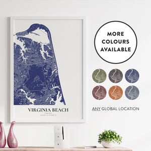 Kaart afdrukken Virginia Beach | Aangepaste locatie | Gepersonaliseerd | Kleuropties | Muurkunstkaart | VS | Noord-Amerika | Woondecoraties | Virginia: