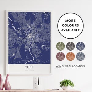 Impresión de mapa de York / Ubicación personalizada / Personalizado / Opciones de color / Póster de mapa de arte de pared / Reino Unido / Inglaterra / Decoración del hogar / Mapa de la ciudad