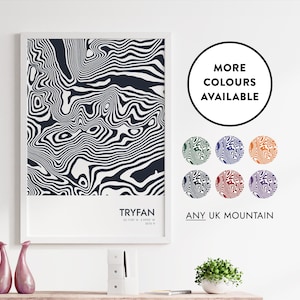 Tryfan-contourafdruk | Kies je kleuren | Aangepaste bergverzoeken welkom | Cadeau-idee voor woondecoratie | Kaartposter | Verenigd Koninkrijk | 62