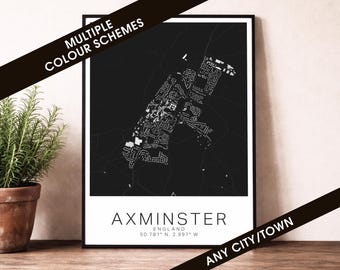 Axminster Map Print - England City Poster, Minimalist Street Map Art