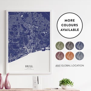 Impresión de mapa de Hull / Ubicación personalizada / Personalizado / Opciones de color / Póster de mapa de arte de pared / Reino Unido / Inglaterra / Decoración del hogar / Detalle del mapa de la ciudad