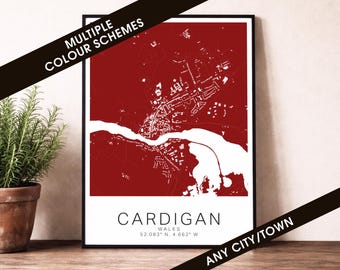 Cardigan Map Print - Wales City Poster, Minimal Street Map Wall Art