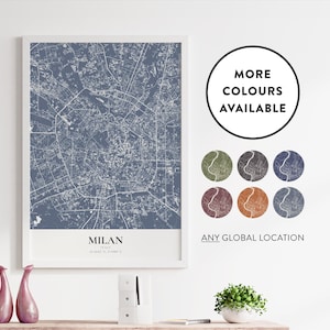 Impression du plan de la ville de Milan | Option de localisation personnalisée | Options de couleur | Poster carte d'art mural | Italie | Semaine de la mode | Idée cadeau déco | 72