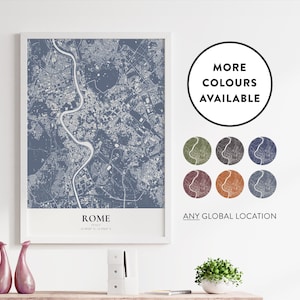Afdruk stadsplattegrond Rome | Aangepaste locatieoptie | Kleuropties | Kaartposter met kunst aan de muur | Italiaanse stad | Europa | Cadeau-idee voor woondecoratie | 77