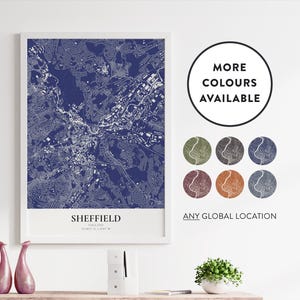 Impresión de mapa de Sheffield / Ubicación personalizada / Personalizado / Opciones de color / Póster de mapa de arte de pared / Reino Unido / Inglaterra / Decoración del hogar / Detalle del mapa de la ciudad