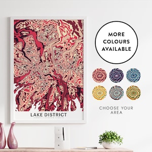 Levendige contourprint in Lake District | Topografische kunst Nationaal Park | Kaartposter | Engeland | VK | Kaart wandelroutes | Cumbria | Wainwrights